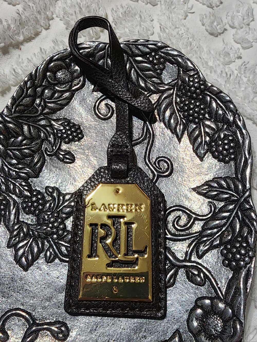 RALPH LAURENBLACK LEATHERGOLD BRASS METALKEY FOB BAG CHARM KEYCHAIN HANG - Picture 2 of 13